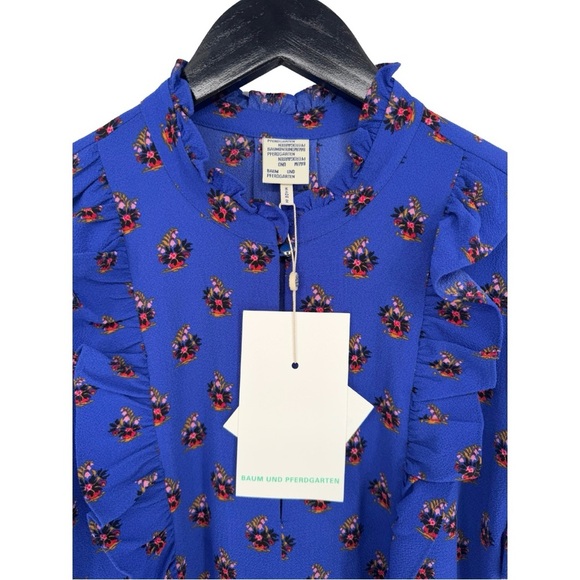 NWT Baum Und Pferdgarten Ahadi Long Sleeve Ruffle Midi Dress 36 Blue Floral - Picture 12 of 16